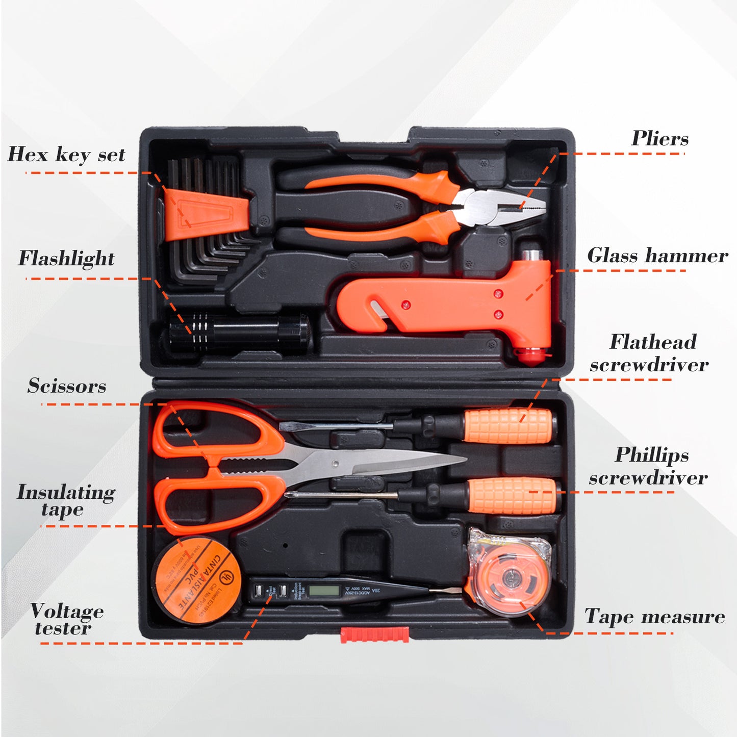 18 Pieces, Test Current Pen,Crosshead Screwdriver,Flathead Screwdriver,Safety Hammer,6 Inch Combination Pliers,Allen Wrench,Aluminum Flashlight,Multi Functional Scissors Black Insulated Tape, Home And