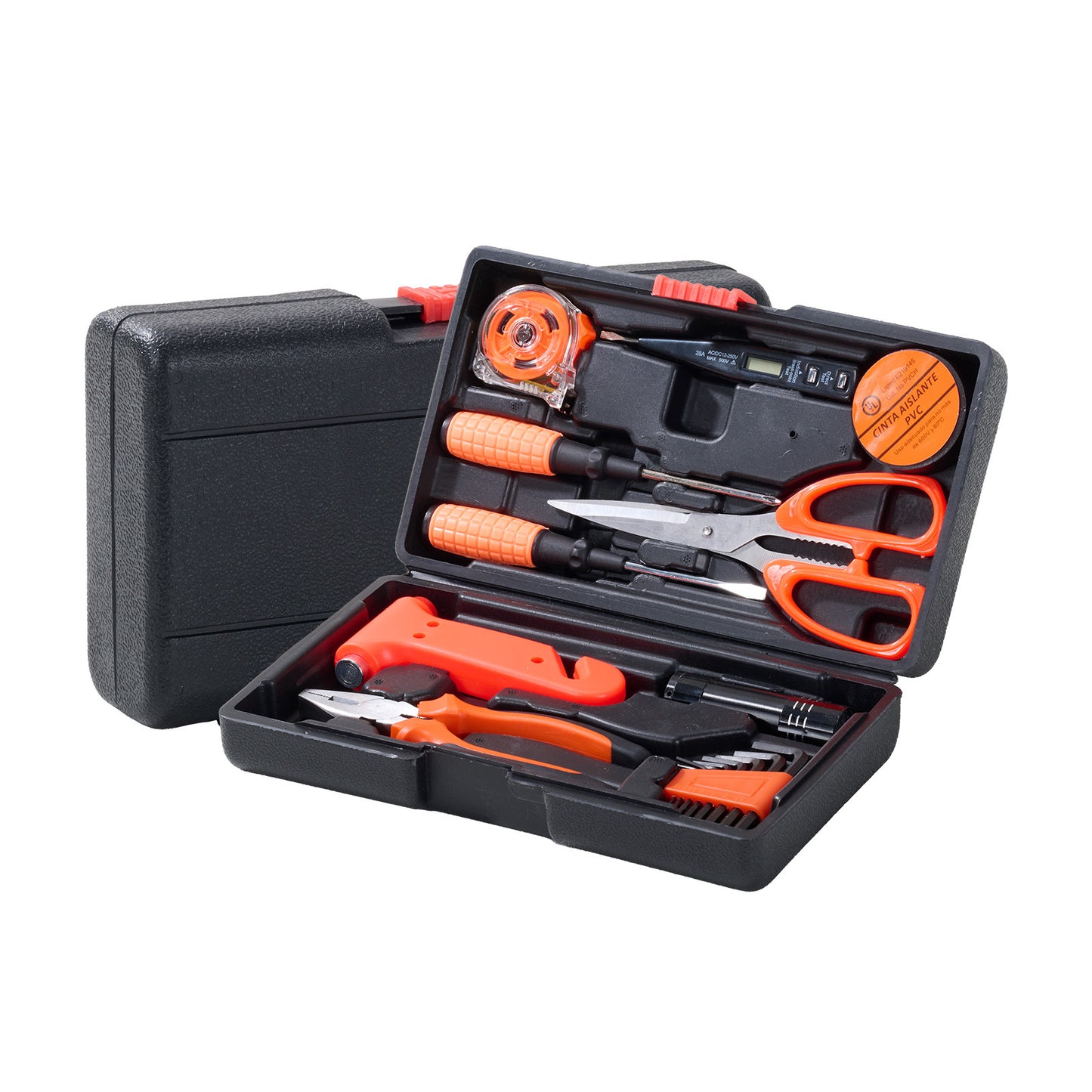 18 Pieces, Test Current Pen,Crosshead Screwdriver,Flathead Screwdriver,Safety Hammer,6 Inch Combination Pliers,Allen Wrench,Aluminum Flashlight,Multi Functional Scissors Black Insulated Tape, Home And