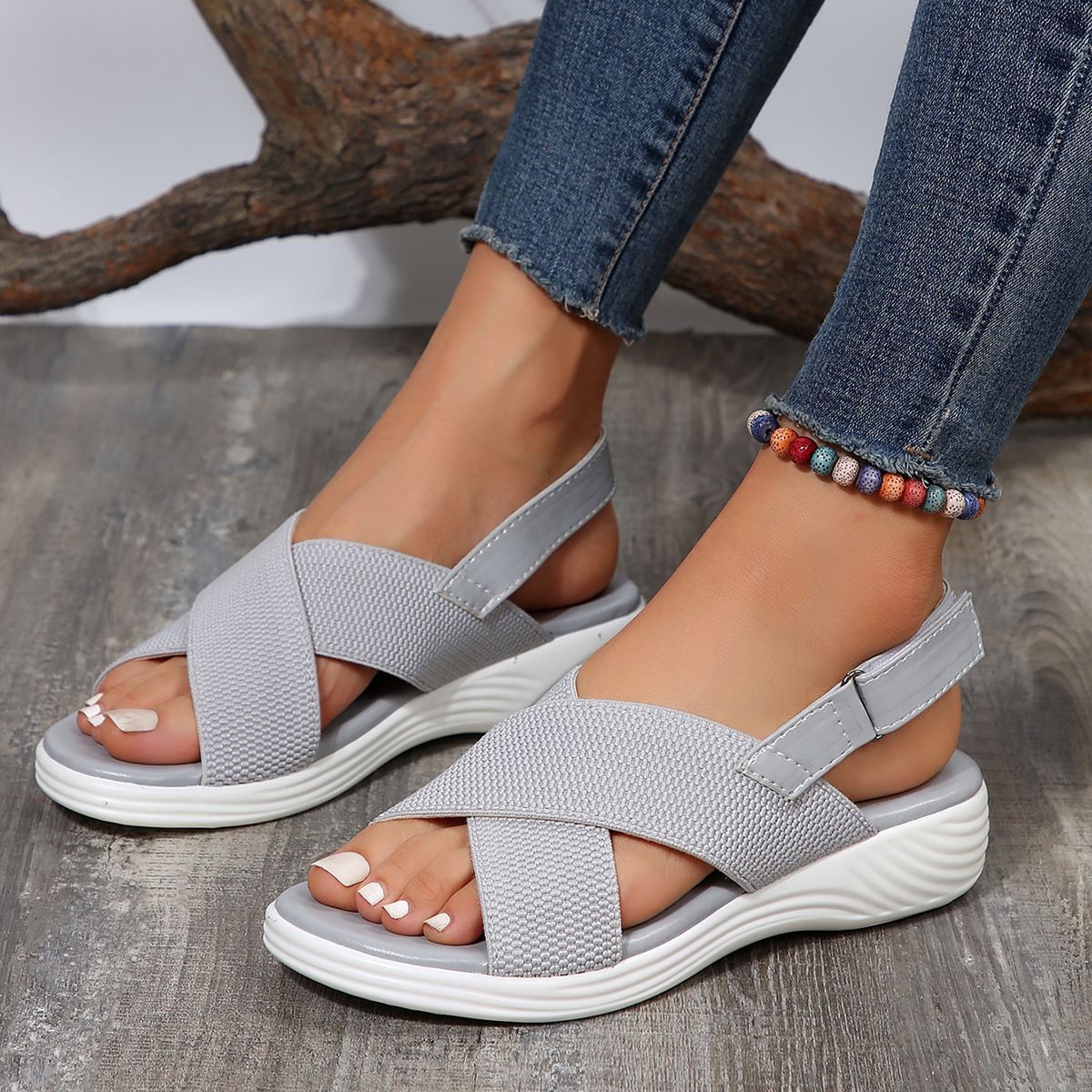 Strap Peep Toe Wedge Fly Woven Mesh Casual Sandals