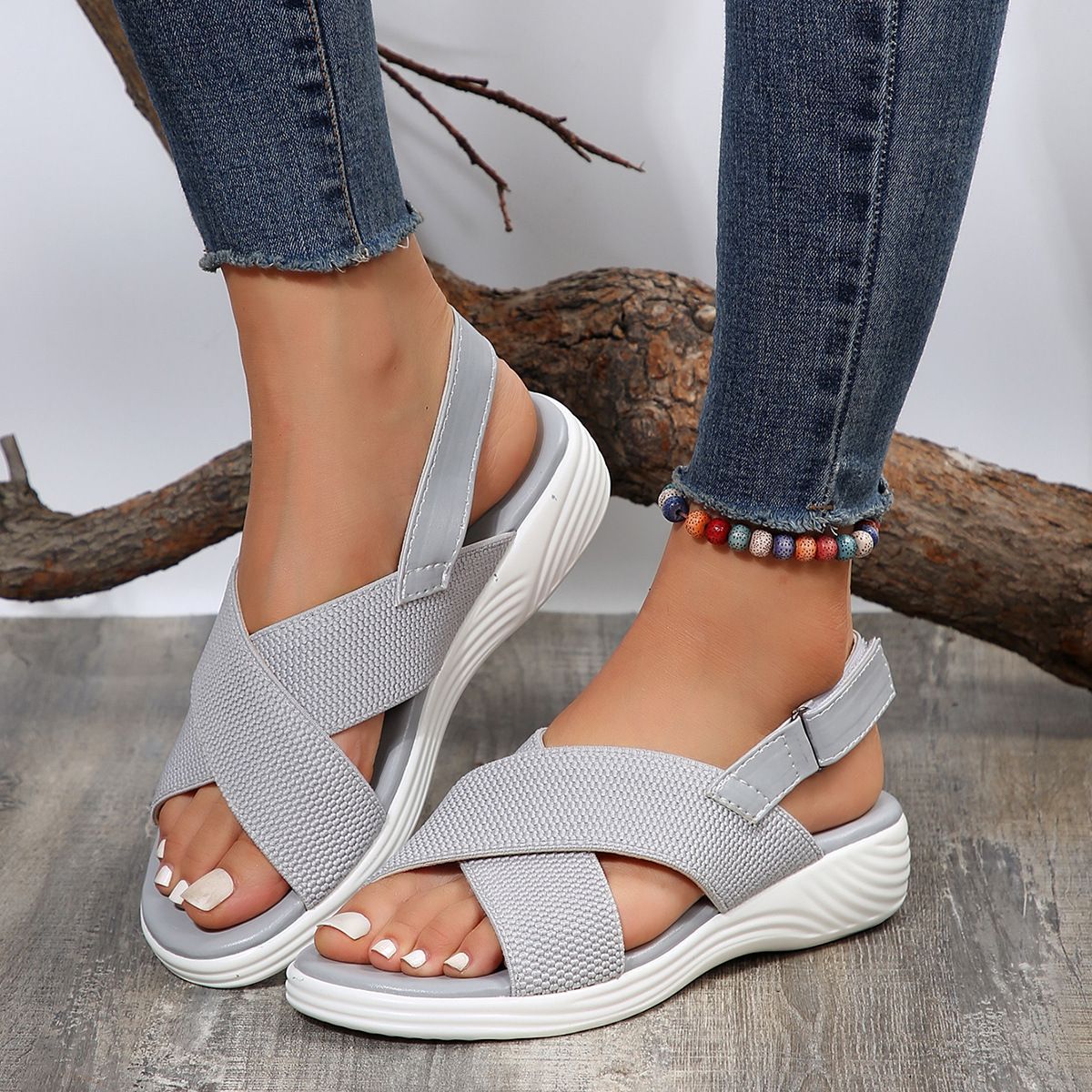 Strap Peep Toe Wedge Fly Woven Mesh Casual Sandals