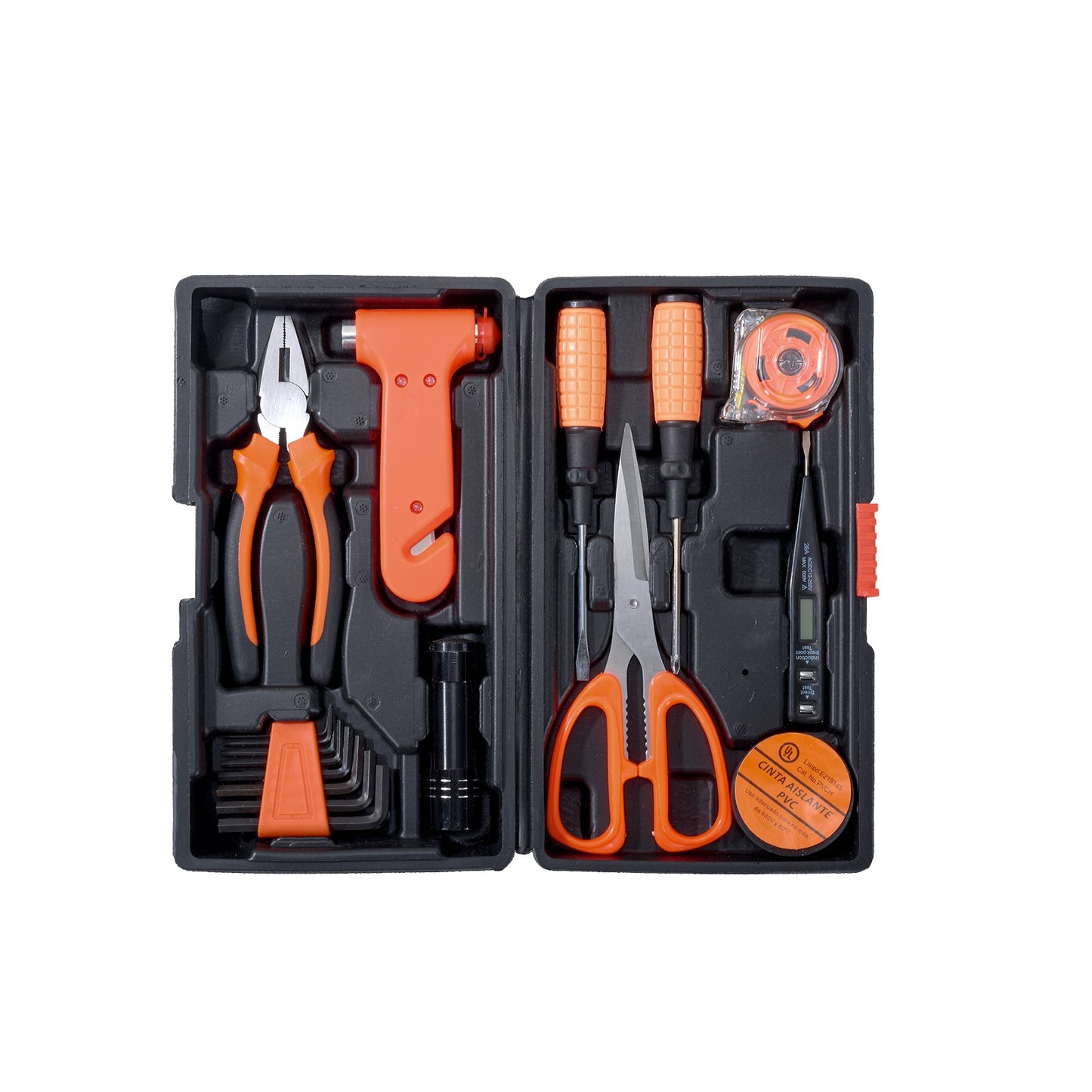 18 Pieces, Test Current Pen,Crosshead Screwdriver,Flathead Screwdriver,Safety Hammer,6 Inch Combination Pliers,Allen Wrench,Aluminum Flashlight,Multi Functional Scissors Black Insulated Tape, Home And