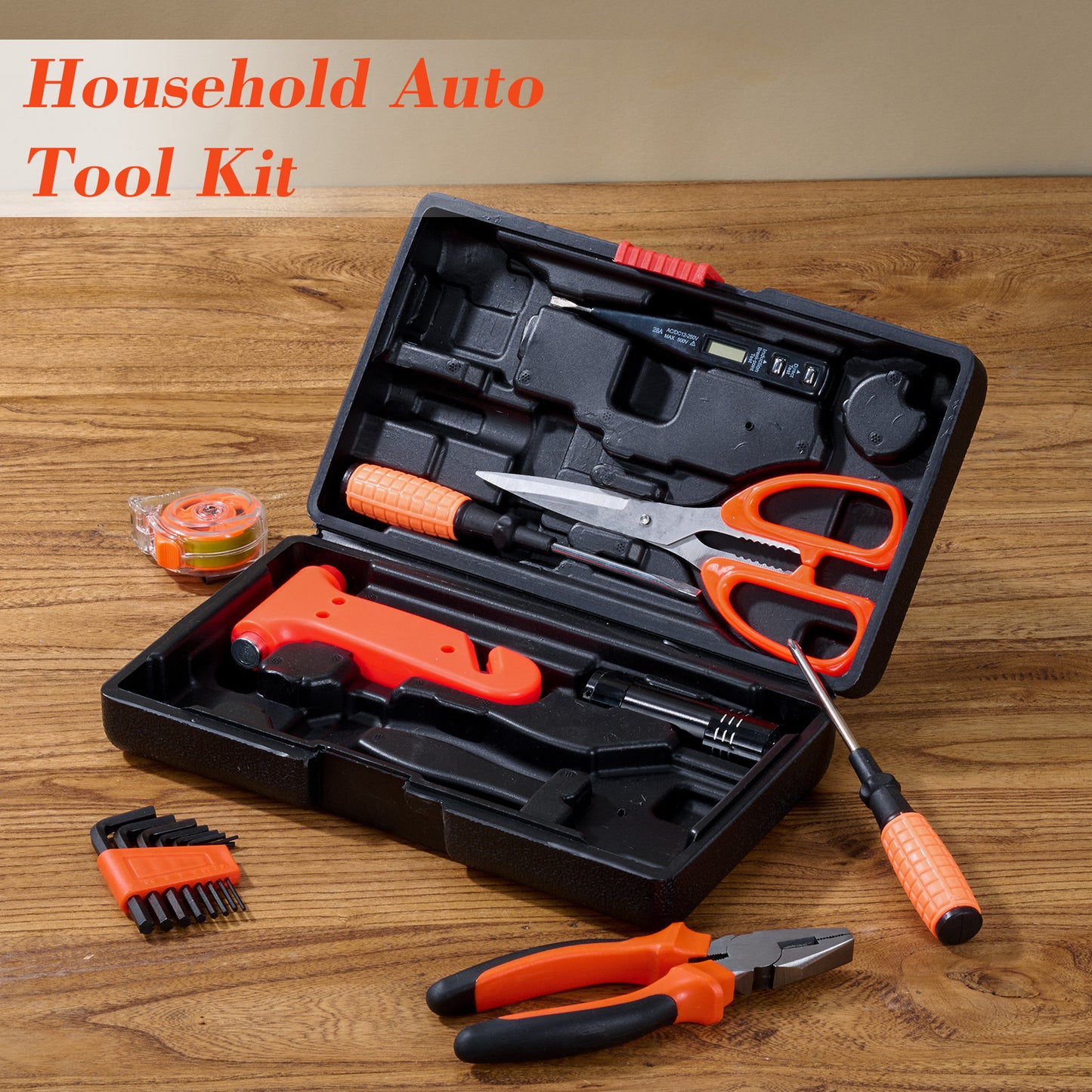 18 Pieces, Test Current Pen,Crosshead Screwdriver,Flathead Screwdriver,Safety Hammer,6 Inch Combination Pliers,Allen Wrench,Aluminum Flashlight,Multi Functional Scissors Black Insulated Tape, Home And