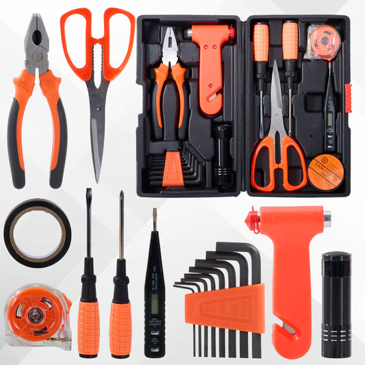 18 Pieces, Test Current Pen,Crosshead Screwdriver,Flathead Screwdriver,Safety Hammer,6 Inch Combination Pliers,Allen Wrench,Aluminum Flashlight,Multi Functional Scissors Black Insulated Tape, Home And